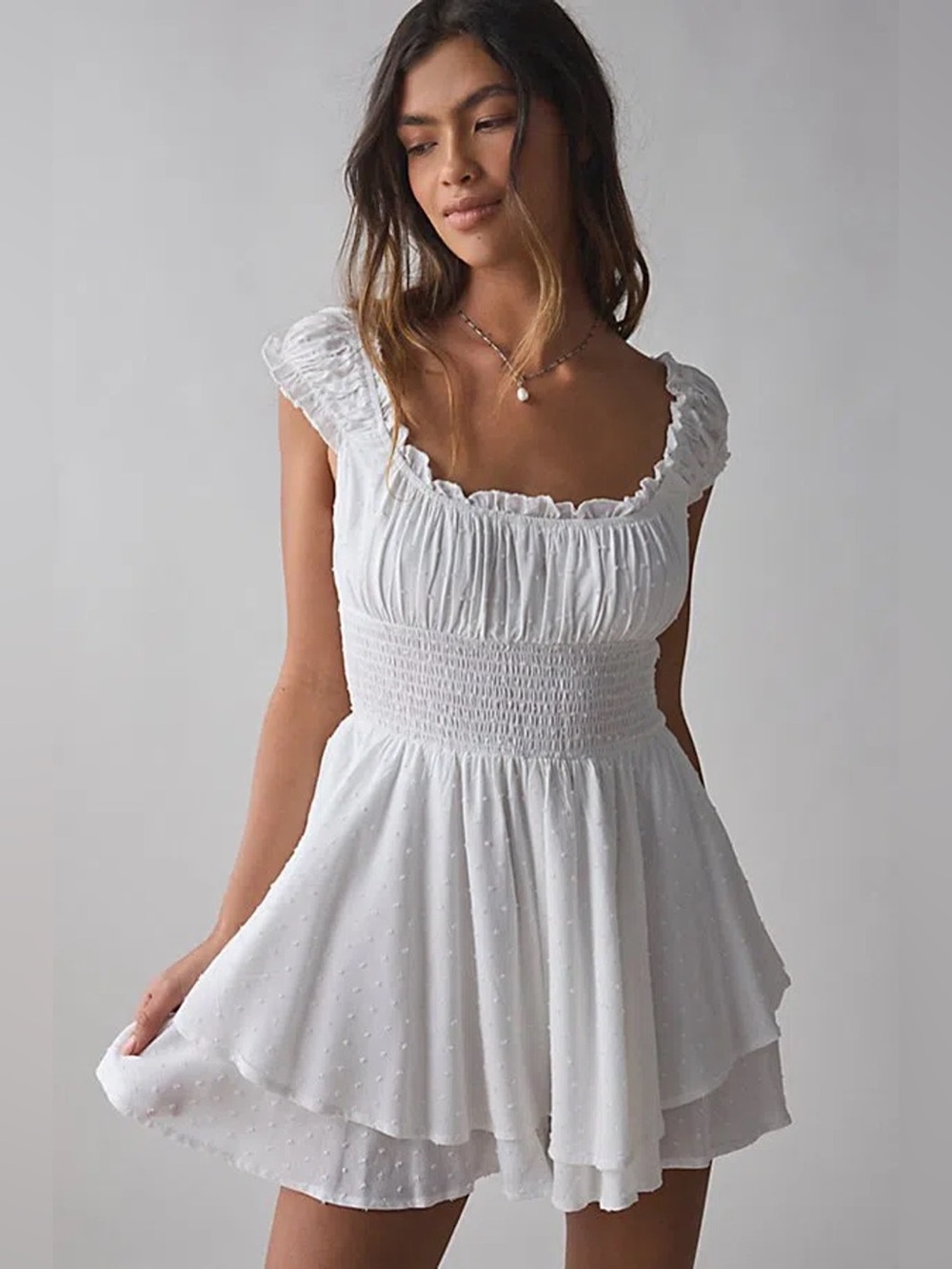 Urban Outfitters Rosie Smocked Tiered Ruffle Romper - White - M